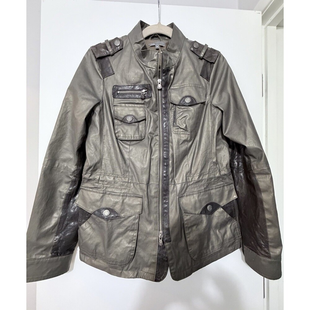 Vince Womens Long Sleeve Zip Up Olive Cotton Brown Leather Jacket Sz Medium